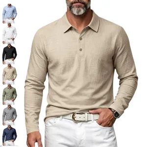 Men Casual Long Sleeve Polo Shirt Linen Texture Lapel Three Button Henley Shirt Fashion Solid Color Breathable Top