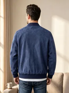 Herren blaue Wildlederoptik Bomberjacke, lässige Langarm Reißverschluss Übergangsjacke.