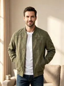 Herren Wildleder Bomberjacke lässige olivgrüne Oberbekleidung mit Stehkragen Regular Fit.