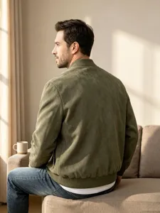 Detailansicht Herren Freizeit Wildleder Bomberjacke Lifestyle auf Sofa bequeme Herbstkleidung.