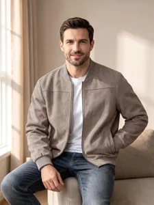 Herren Wildlederoptik Bomberjacke Freizeit Stehkragen Reißverschluss Mantel Detailaufnahme.