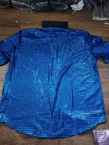 Men's shiny disco checkered short sleeve shirt, vintage retro stage performance party top.