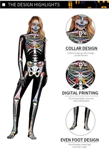 Halloween women skeleton printed jumpsuit detail, 3D digital floral bone slim fit bodysuit.