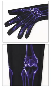 Halloween women skeleton bone print jumpsuit detail view, 3D digital colorful stretchy bodysuit.