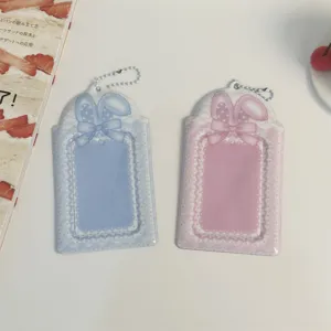 Cute bunny ear lace photocard holder 3-inch ID card protector with beaded chain for K-pop fans!