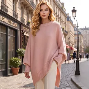 Γυναικείο ροζ oversized πλεκτό πουλόβερ με στρογγυλή λαιμόκοψη, casual μονόχρωμο.