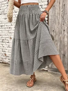 Women Gingham Plaid Tiered Maxi Skirt Elastic High Waist A-Line Layered Long Skirt Elegant Vacation Casual Skirt Bottom