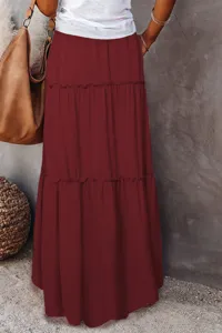Women's Burgundy Tiered Maxi Skirt High Waist Ruffle Lettuce Hem Long Boho Skirt