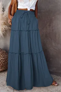Women's high waist elastic drawstring tiered maxi skirt with ruffles in dark blue.