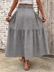 Black and white gingham tiered maxi skirt with high elastic waist for women summer vacation.