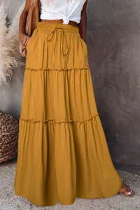 High waist tiered maxi skirt with elastic drawstring and stylish ruffled details for daily wear.