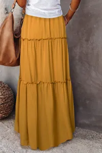 Elegant high waist tiered maxi skirt for women, casual yellow ruffled long skirt boho style.