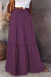 High waist tiered maxi skirt for women, casual elastic drawstring long ruffled skirt for summer.