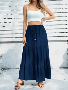 Detailed view of the elegant women's casual solid color crop top and tiered maxi skirt set.
