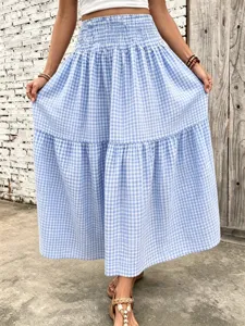 Blue and white checkered tiered maxi skirt detail, casual high waist summer holiday outfit.