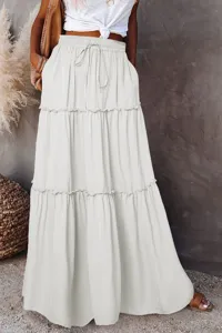 White tiered maxi skirt, high waist drawstring design with ruffle and layer details.