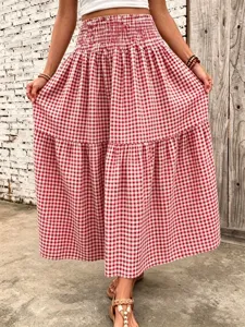 Red white gingham tiered maxi skirt women summer vintage high waist A-line long skirt apparel