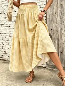 Summer yellow gingham tiered midi skirt high waist casual beach vacation women apparel