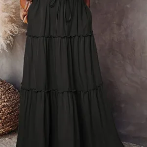 Women's High Waist Tiered Ruffle Skirt Boho Solid Color Lettuce Trim Layered A-Line Maxi Skirt Casual Summer Flowy Skirt