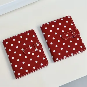 Red polka dot photocard binder mini album cute card book for kpop collectible storage display.
