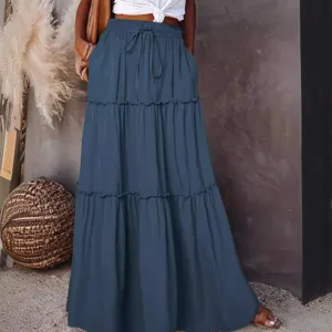 High waist elastic drawstring tiered maxi skirt casual boho long pleated skirt for women
