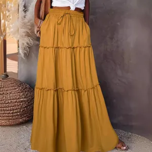 Boho tiered maxi skirt for women, high waist elastic drawstring ruffled long skirt yellow