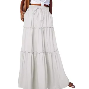 Women bohemian tiered maxi skirt high waist elastic drawstring long solid casual skirts new