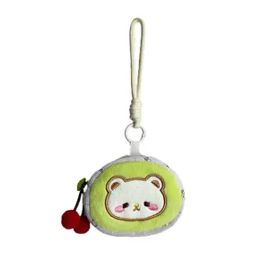 Joli porte-monnaie en peluche avec broderie d'ours et cerise, petit sac de rangement pratique.