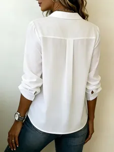 Women casual long sleeve white button down shirt blouse with lapel collar and chic back design.