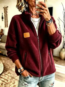 Chaqueta de polar para mujer cuello alto invierno con cremallera y bolsillos, parche de cuero.
