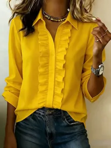 Women's casual long sleeve ruffle placket button down shirt top for autumn season.