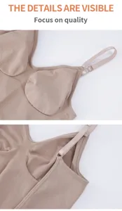 Vue détaillée de body shapeur sans coutures, tissu côtelé, bretelles réglables et coussinets.