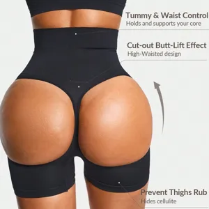 High-waisted tummy control shaping shorts detail, showing butt-lift and anti-chafing features.