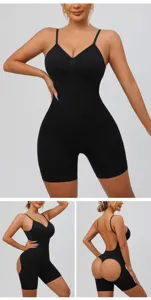Vue détaillée d'un body gainant noir sans coutures, dos nu, avec fessier galbé visible.