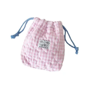 Korean style plaid cosmetic bag cute cartoon drawstring pouch sweet girls storage bag