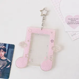 Acrylic photocard holder music note shape cute pink star pendant 3 inch idol photocard protector.