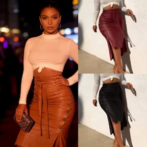 Women PU leather midi skirt autumn split hip skirt streetwear fashion casual bottom clothing