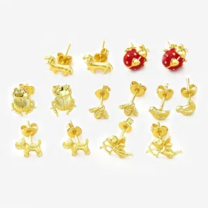 Copper Gold Plated Small Animal Stud Earrings For Women Rhinestone Cupid Bee Lion Dog Ladybug Bird Personalized Jewelry