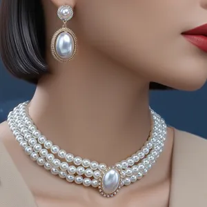 Close-up detail of bridal pearl necklace and rhinestone earrings set with golden chain and pearls.