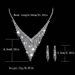 Rhinestone necklace and earrings set with glittering crystals for wedding bridal party wear.