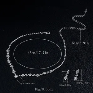 Rhinestone necklace and earrings set detail view showing precise dimensions and specifications.