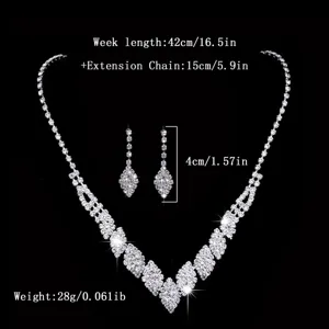 Rhinestone necklace and earrings set detail, featuring sparkling crystals and clear size.