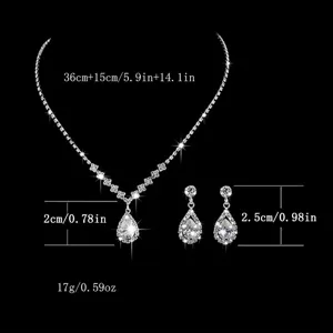 Silver rhinestone bridal necklace and earrings set dimension details with chain length and weight.