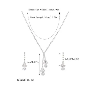 Rhinestone wedding necklace and tassel earrings set dimension diagram, bridal jewelry set.