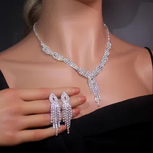 Rhinestone bridal necklace tassel earrings jewelry set for wedding banquet parties