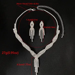 Rhinestone Bridal Necklace Earrings Set Wedding Jewelry with Detailed Dimensions.