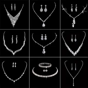Bridal Rhinestone Tassel Necklace Earrings Set Copper Alloy Silver Plated Crystal Banquet Jewelry For Women Wedding Party