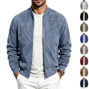 Men's Casual Faux Suede Bomber Jacket Solid Color Zip Up Stand Collar Outerwear With Ribbed Cuffs Mid Length Jacket