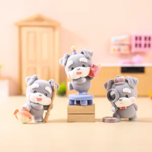 Flocked puppy blind box action figure set, cute miniature toy desktop decoration for collectors.