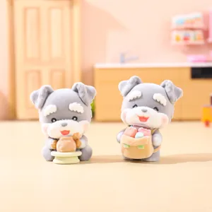 Flocked toy puppy figurine detail view, cute mini animal doll setup for desk decoration.